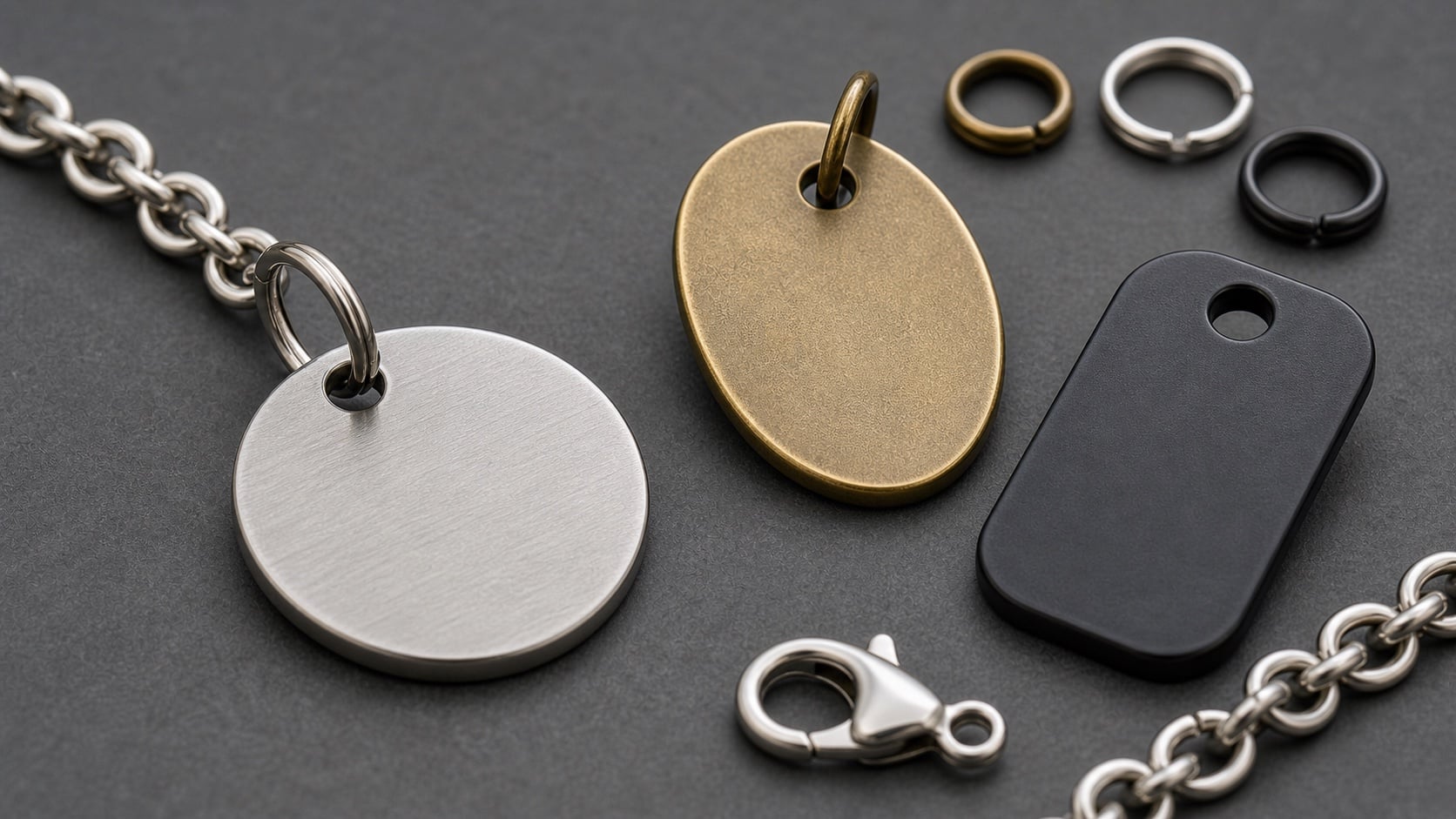 Close-up of custom metal charms with connector rings, chain, and hole placement details