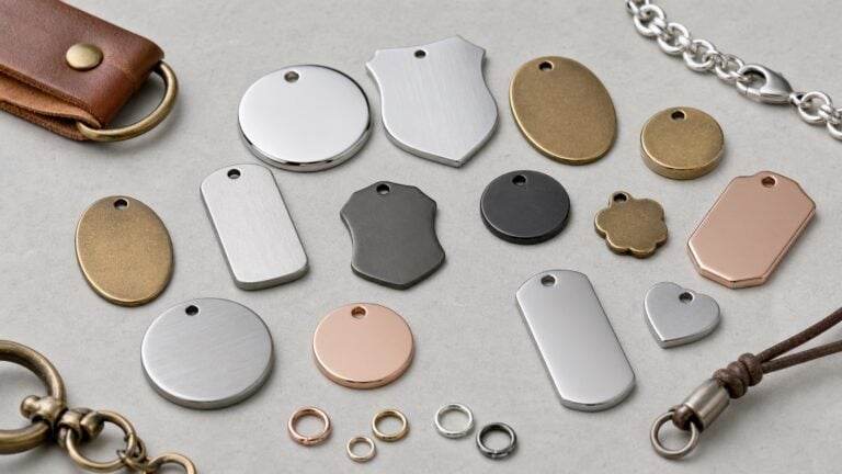 Blank custom metal charms in different shapes and finishes for bags, jewelry, and keychains
