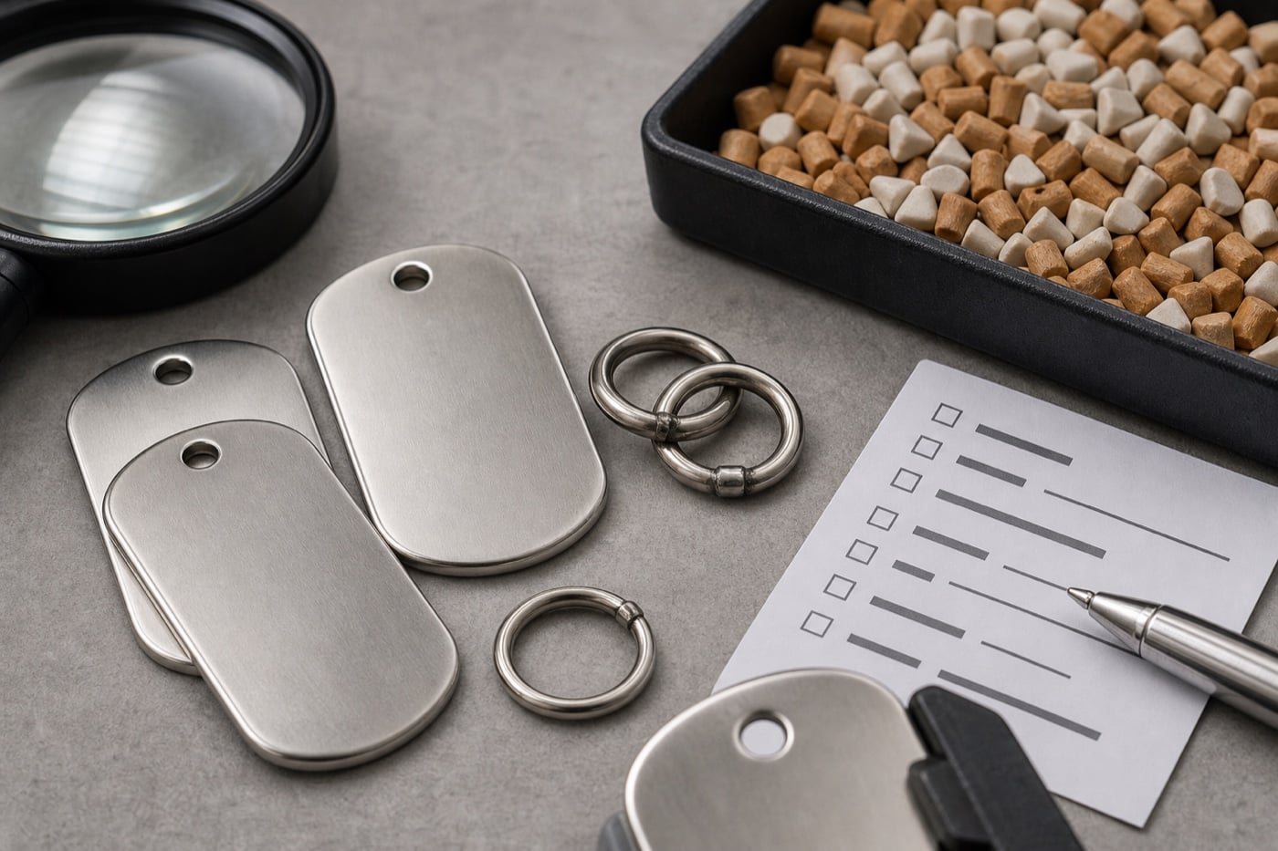Close-up of custom metal dog tag holes, welded rings, barrel grinding media, magnifier, and inspection checklist