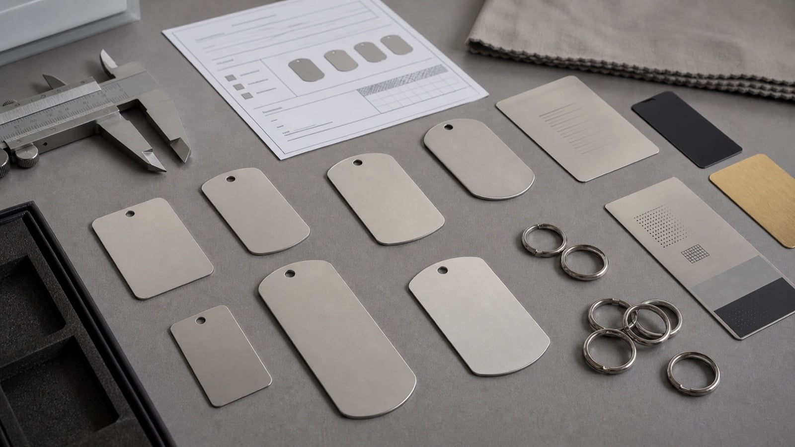 Stainless steel custom metal dog tags and ID tags with welded rings, caliper, finish samples, and approval notes