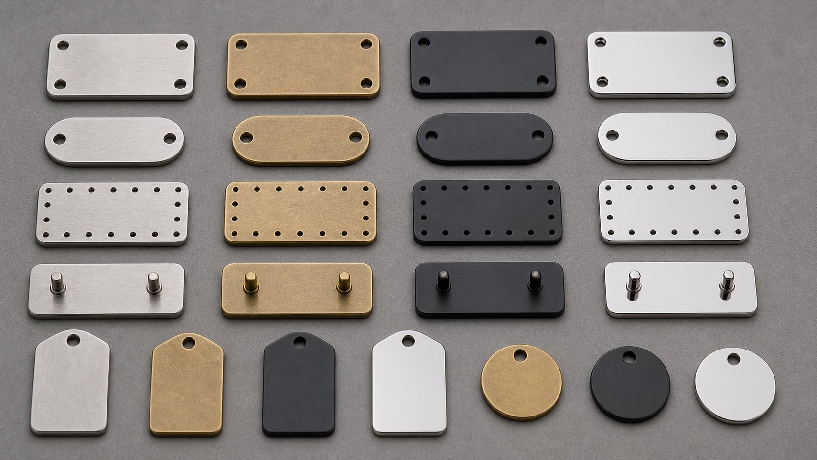 Back-side attachment options for custom metal logo plates including rivet holes, sew holes, posts, and hanging holes