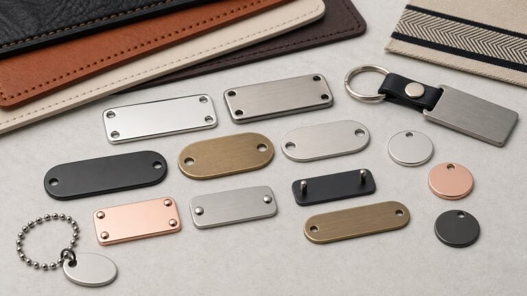 Blank custom metal logo plates and tags in multiple finishes for bags, apparel, keychains, and accessories