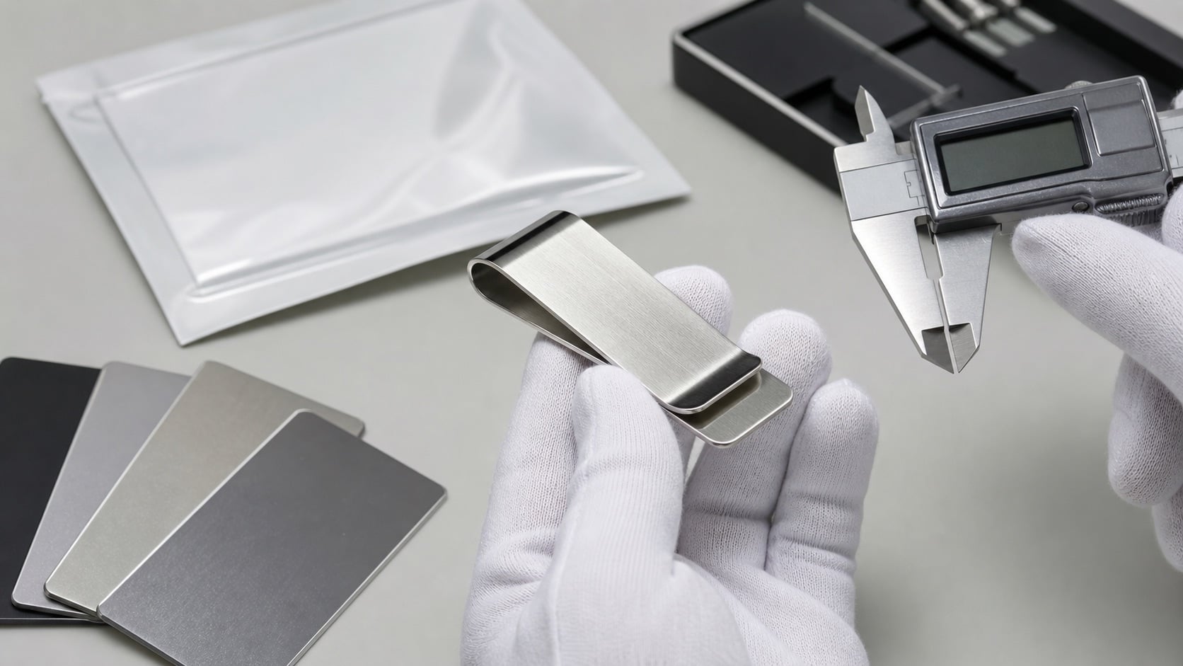 Close up inspection of a blank brushed money clip with gloved hands caliper pouch and metal swatches