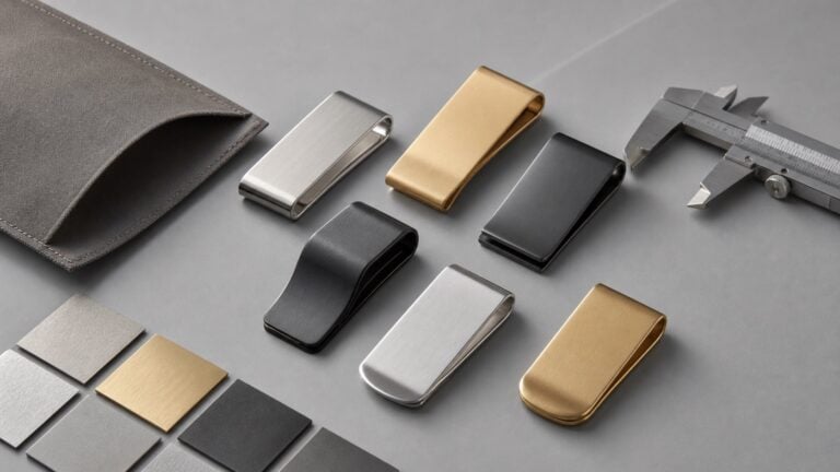 Custom money clips in blank metal finishes with swatches caliper and pouch for sample planning