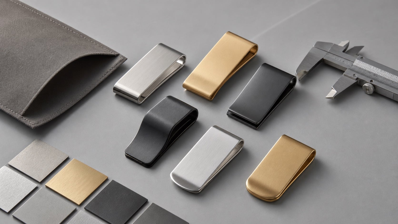 Custom money clips in blank metal finishes with swatches caliper and pouch for sample planning