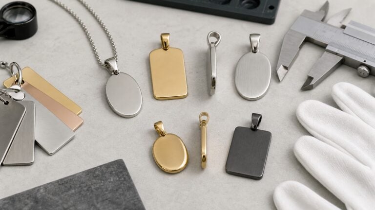 Custom pendant samples with bails chain fit calipers and finish swatches for sample approval