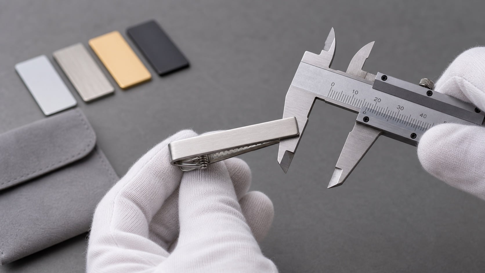 Close up inspection of a blank brushed tie clip with gloved hands caliper and finish swatches