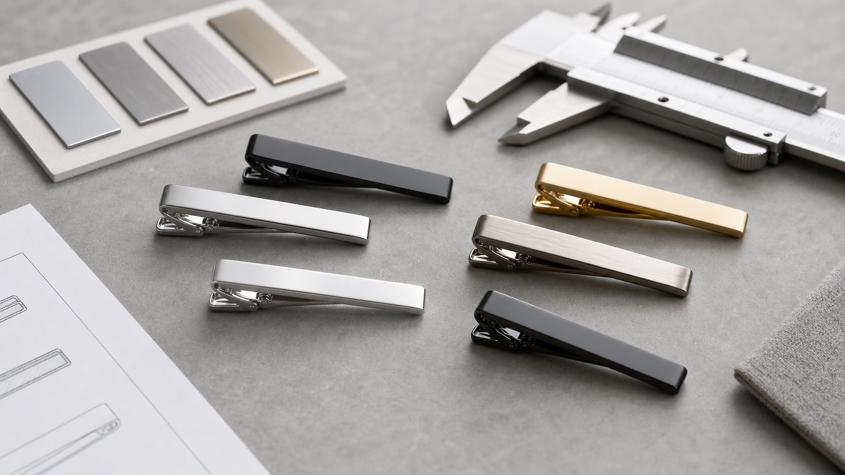 Custom tie clips and tie bars with blank metal finishes caliper and artwork sheet for sample planning