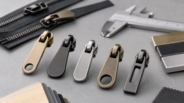Custom metal zipper pull samples in different materials and finishes on a workbench