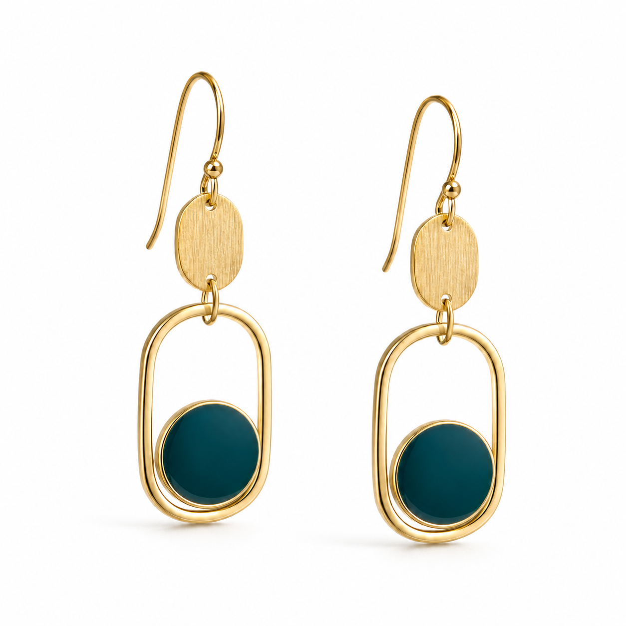Gold and deep teal statement earrings concept on a pure white background