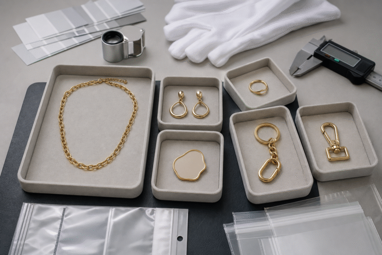 Pre-shipment quality inspection workstation with custom jewelry accessories tools and packaging