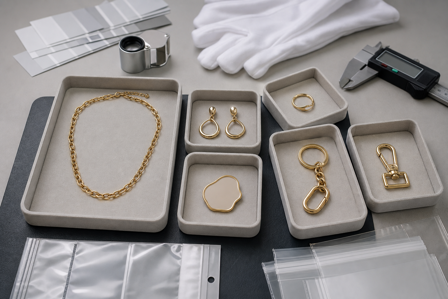 Pre-shipment quality inspection workstation with custom jewelry accessories tools and packaging