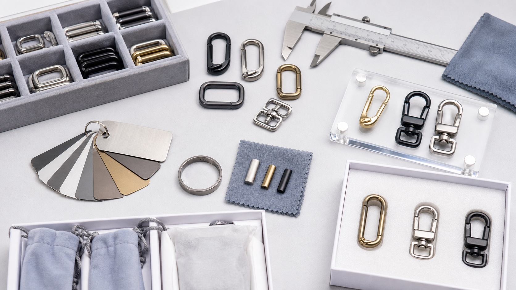Custom accessory sample approval workbench with finish swatches, calipers, connectors, and packaging checks