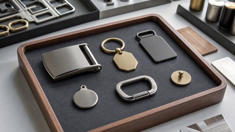 Custom metal accessories sample tray showing finish, thickness, edge comfort, and weight balance options