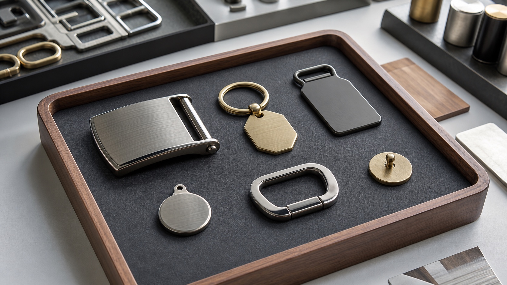 Custom metal accessories sample tray showing finish, thickness, edge comfort, and weight balance options