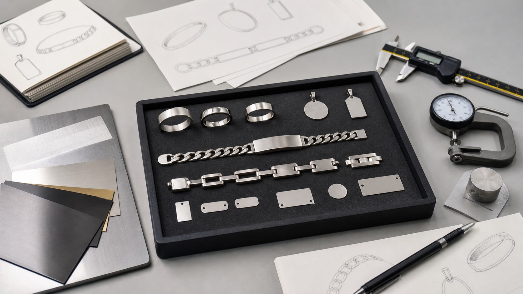 Stainless steel rings, pendants, tags, and bracelet samples reviewed with thickness and design tools