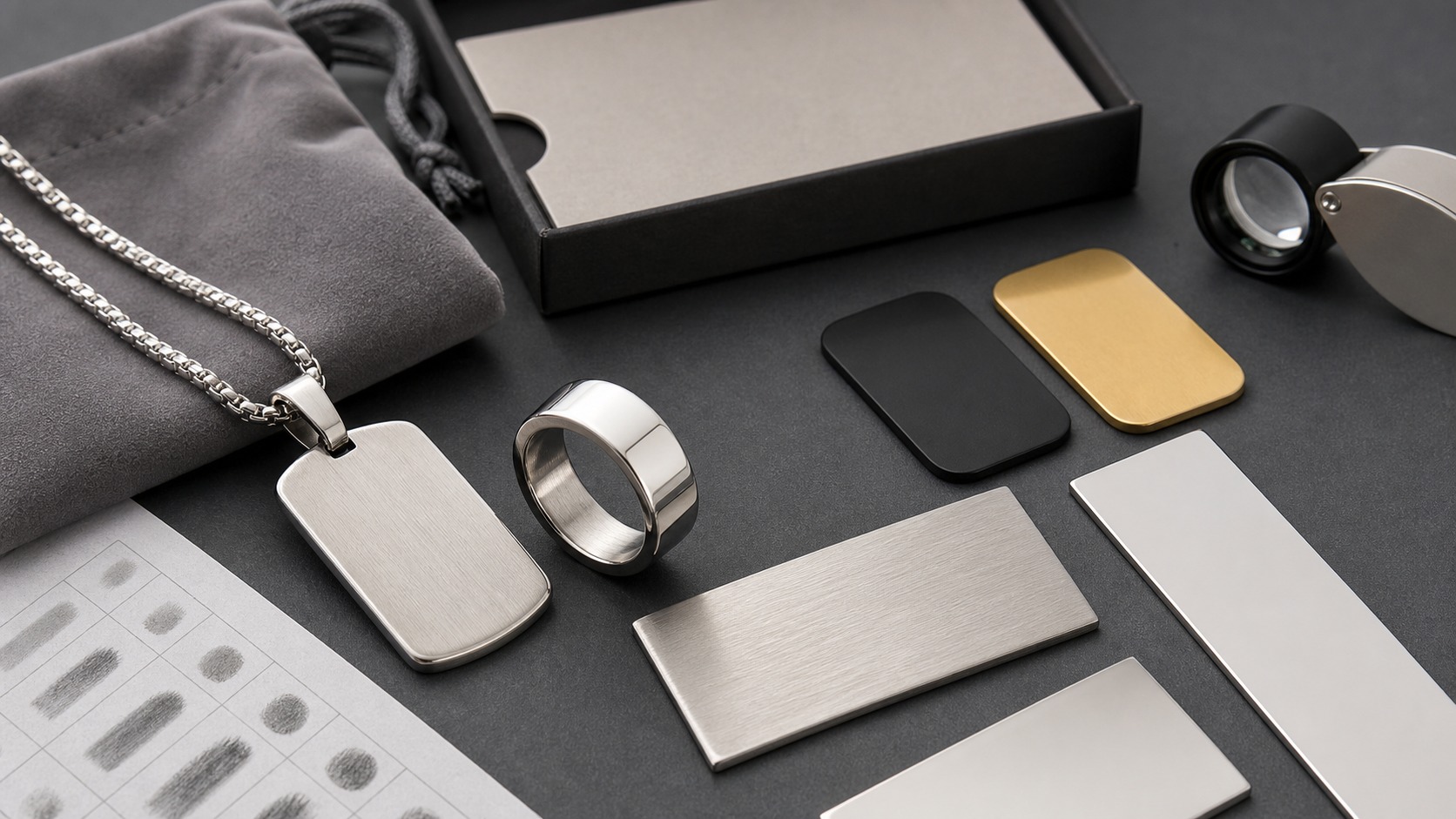 Stainless steel jewelry finish samples, engraving details, pouch, and packaging protection checks