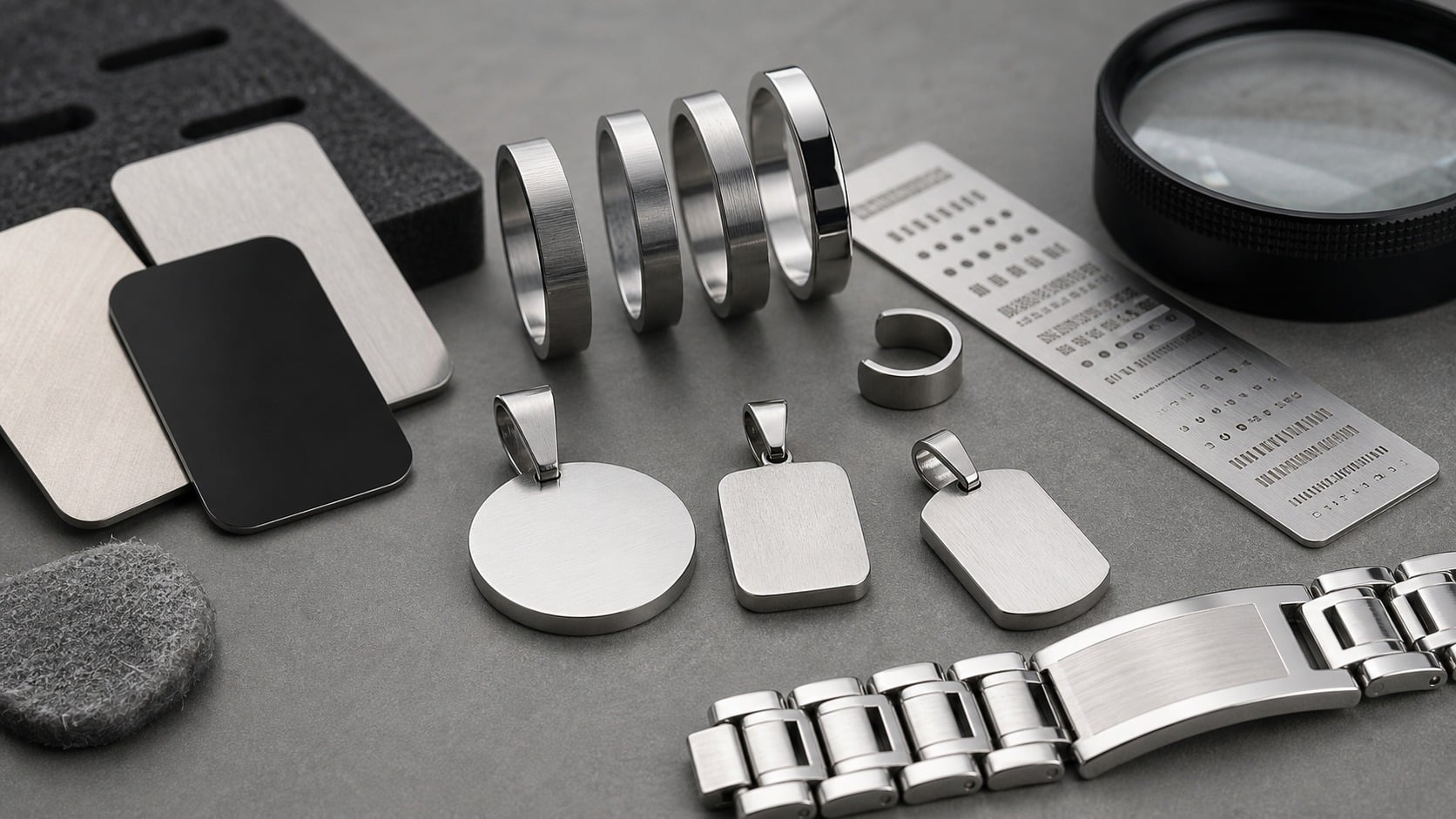 Stainless steel jewelry blanks with engraving, edge, thickness, and finish inspection details