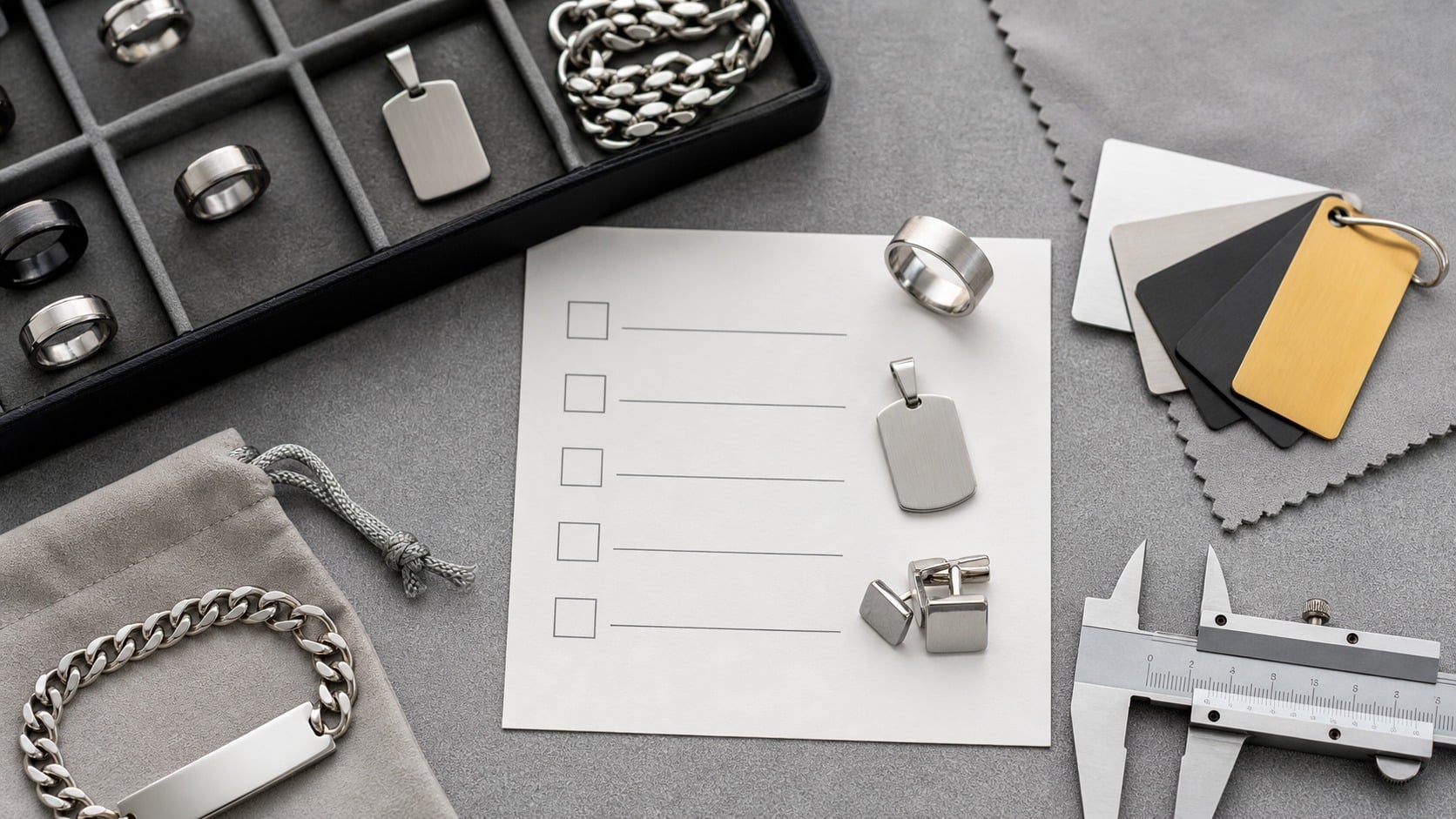 Stainless steel jewelry samples with inspection checklist, caliper, pouch, and finish swatches