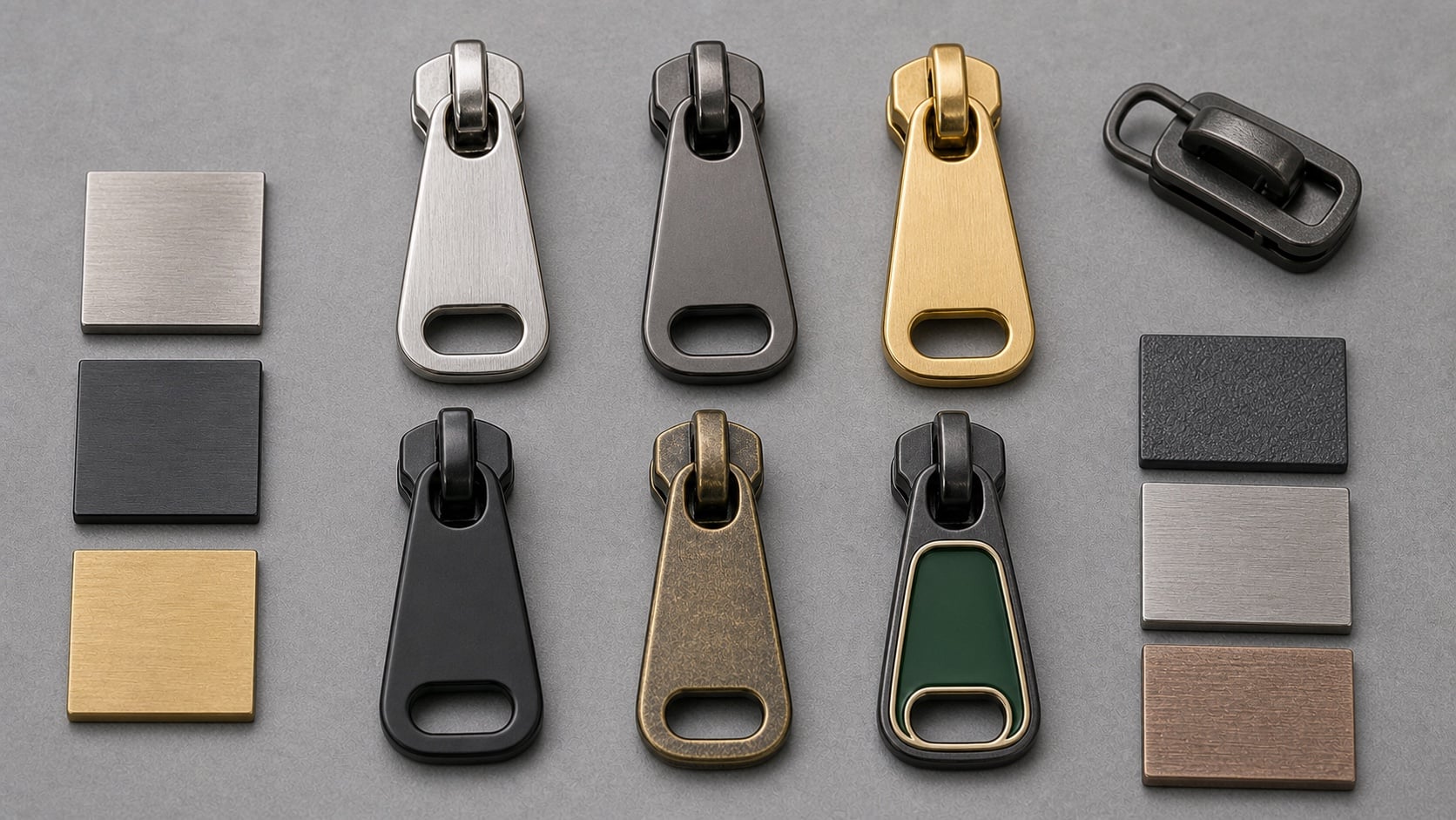 Blank zipper pull samples comparing brushed steel, gunmetal, gold tone, antique brass, black, and color-fill finish options