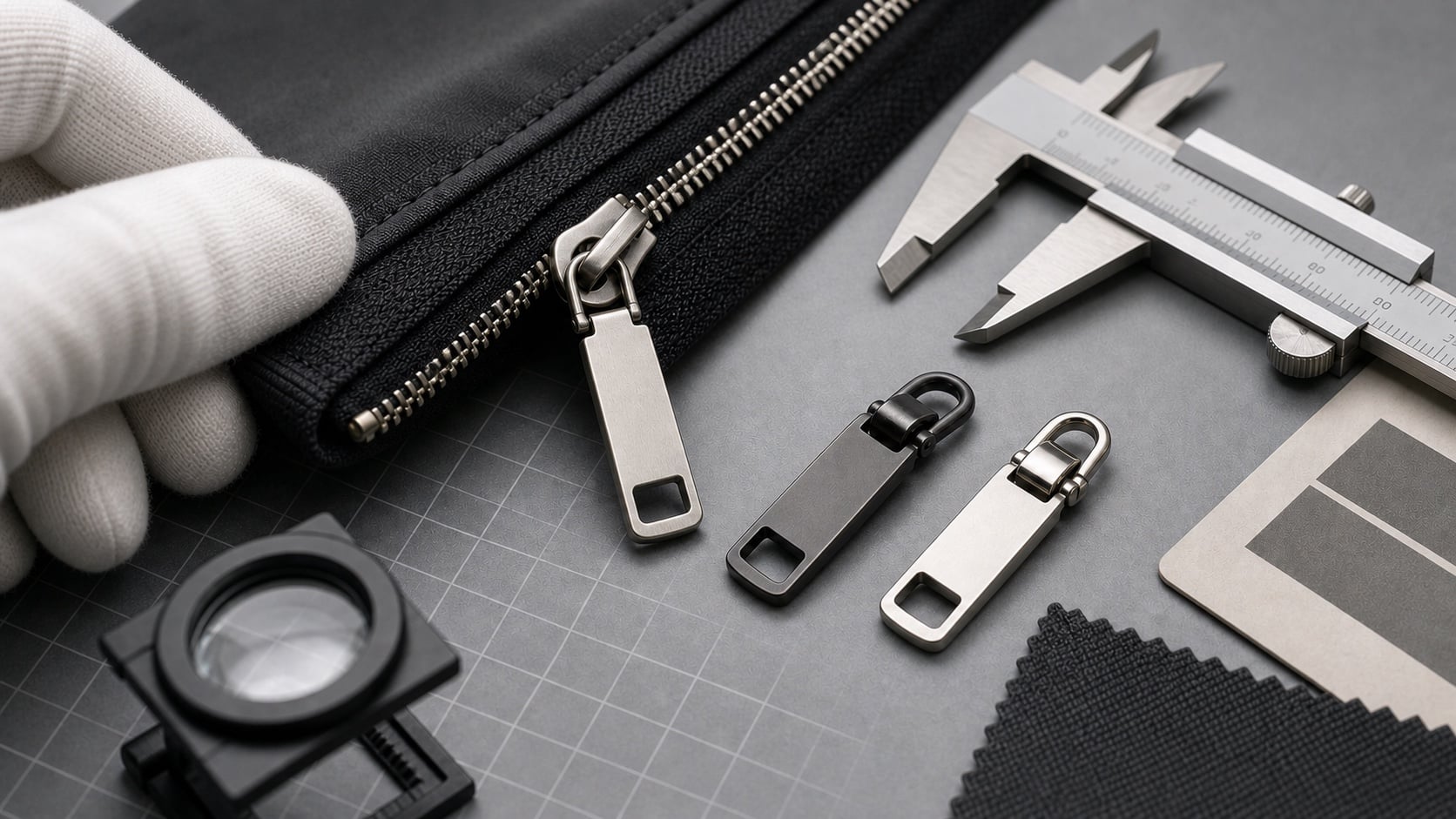 Quality inspection scene for a blank custom zipper pull attached to zipper tape with caliper and fabric sample